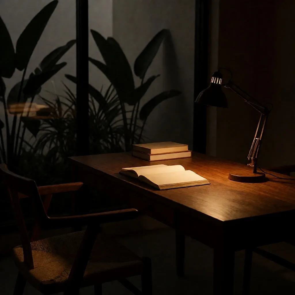 Editorial workspace interior in Yogyakarta at evening