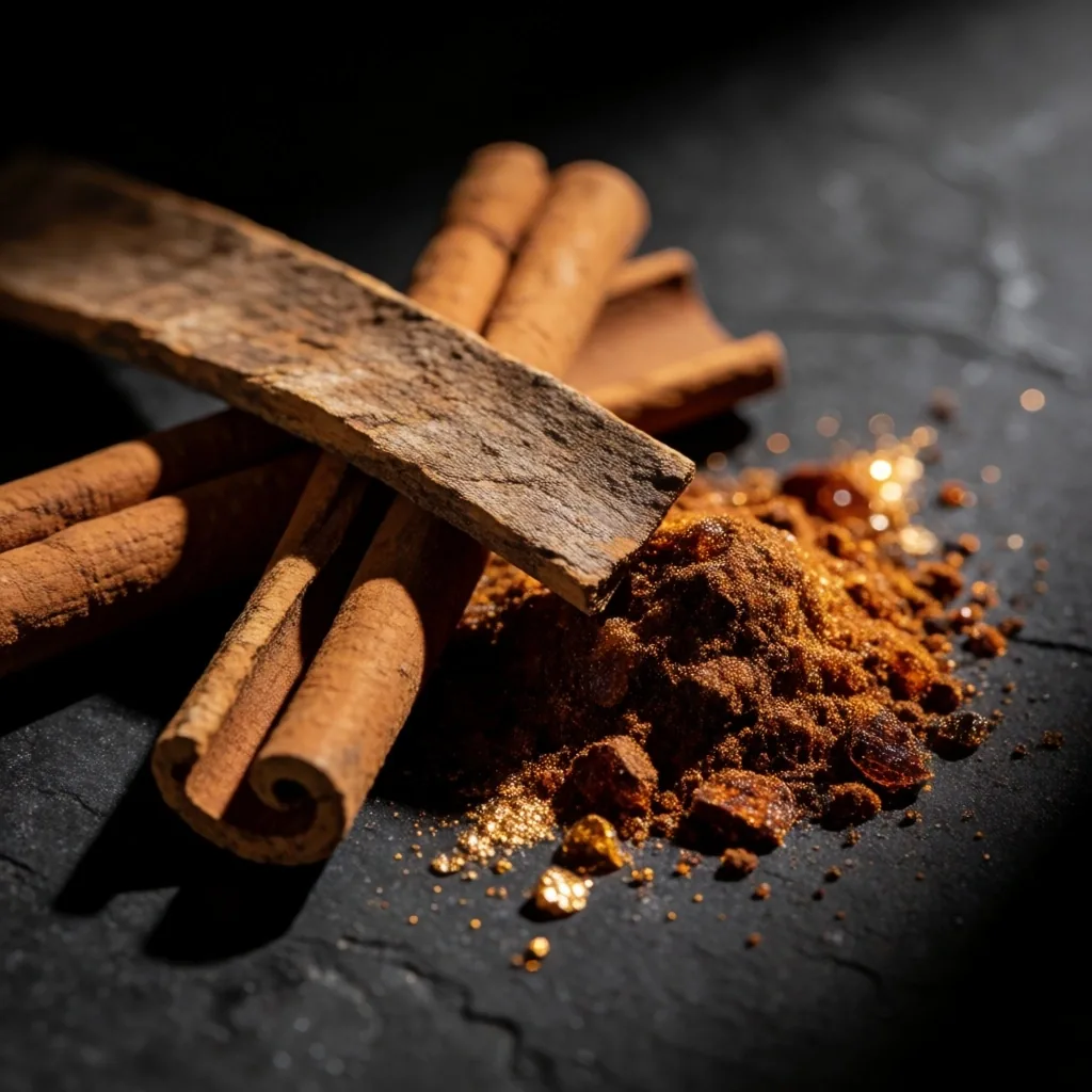 Cinnamon bark and mineral powder on a dark stone surface
