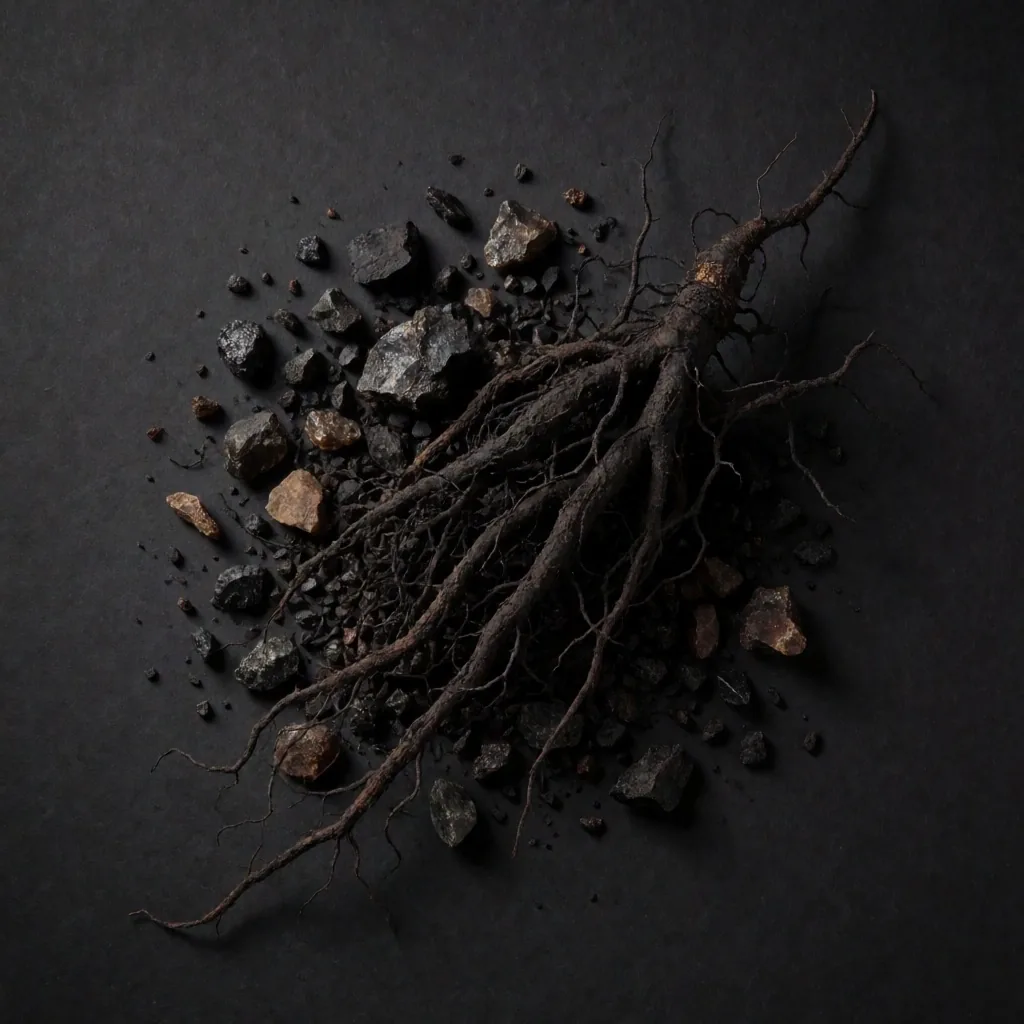 Dark mineral crystals and botanical elements on a matte surface
