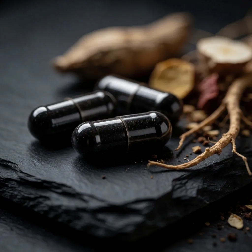 Dark glass vials with herbal extracts on a matte surface