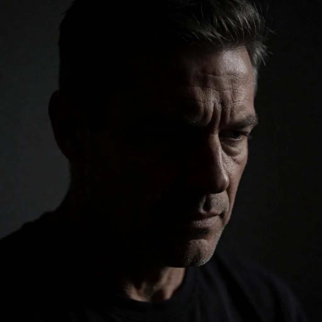 Low-key portrait of a man with focused expression in shadows