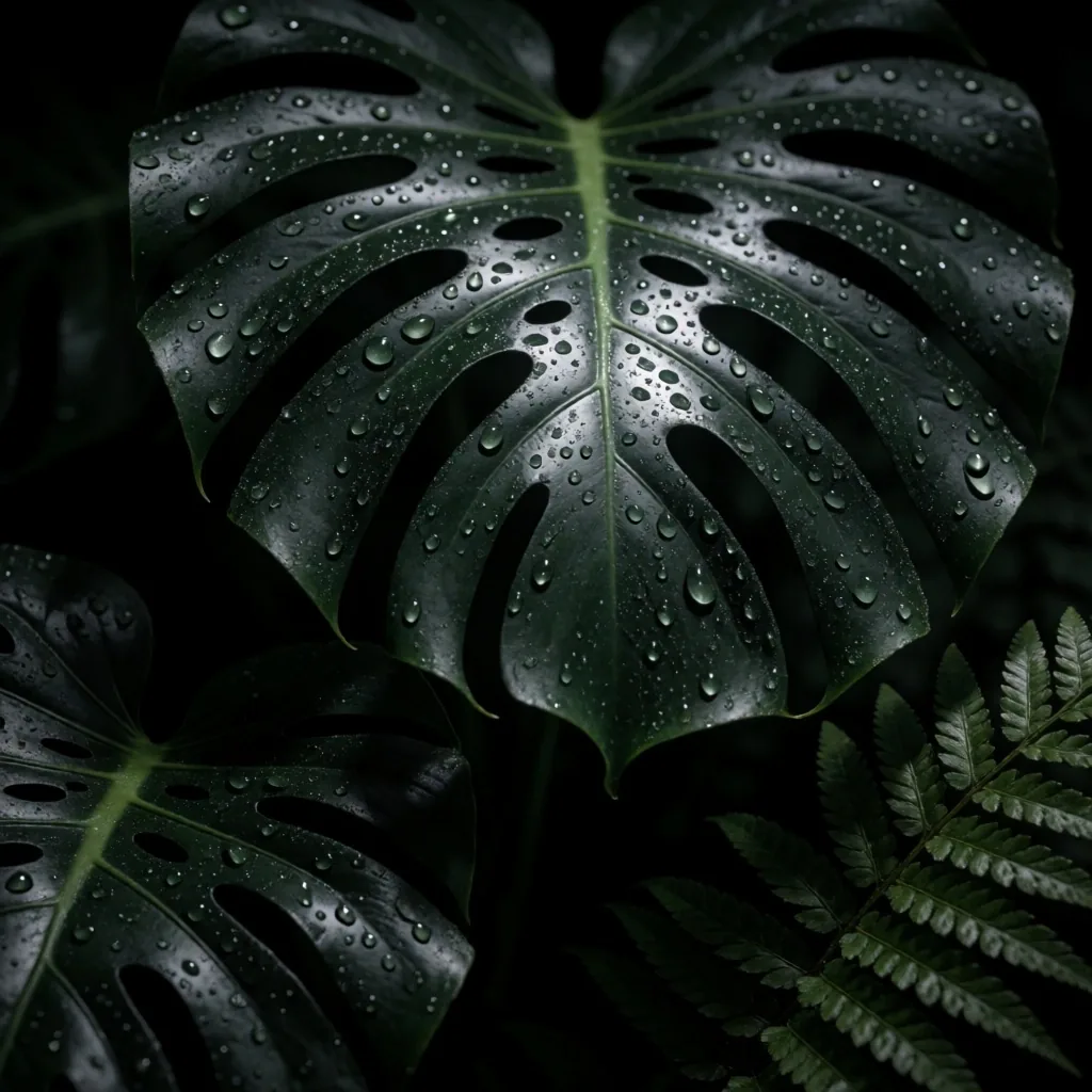 Dark botanical leaves with dew under directional light