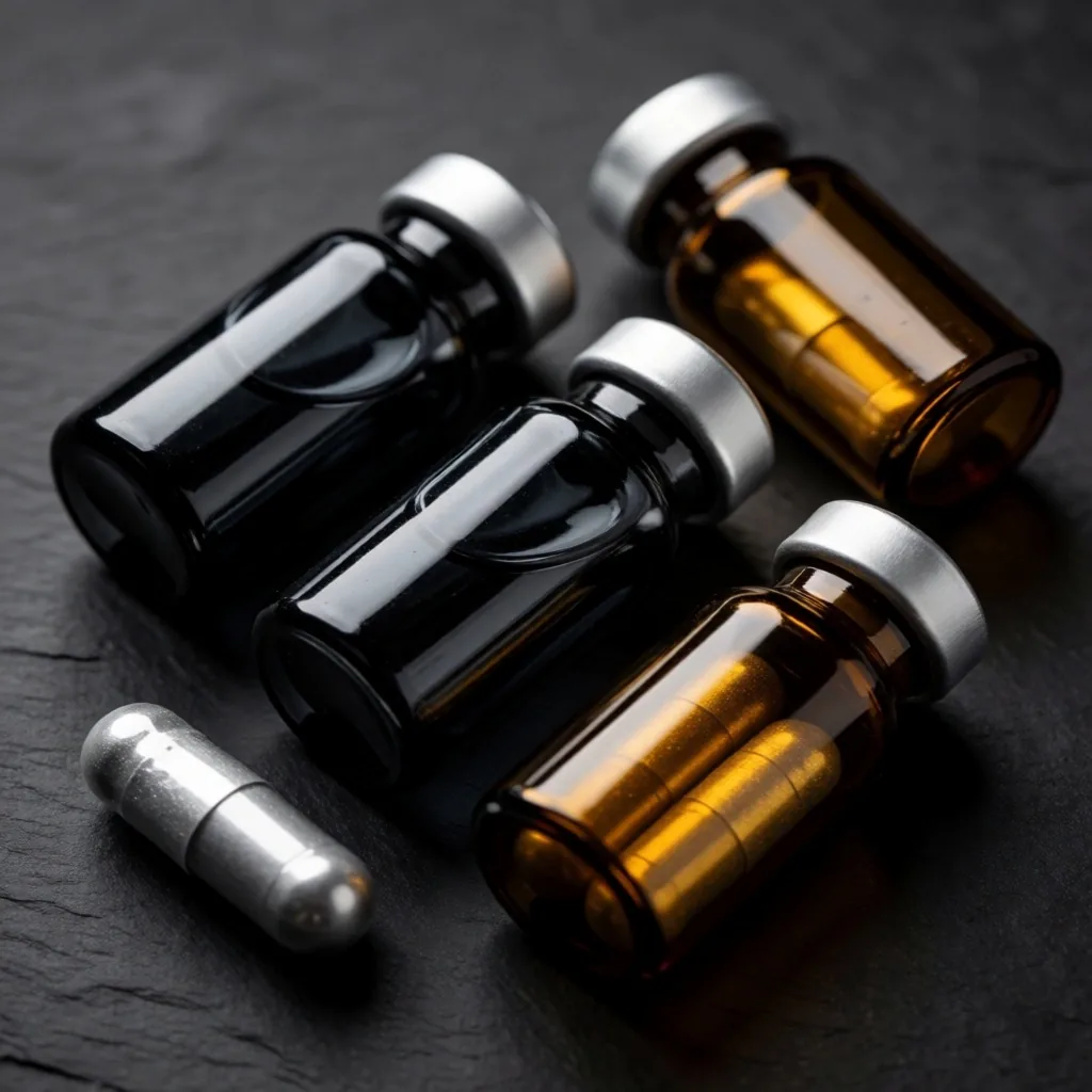Dark glass vials and supplement capsules on a matte surface