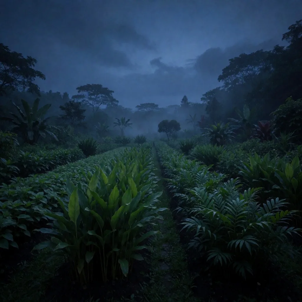 Indonesian botanical garden at dusk with medicinal herbs