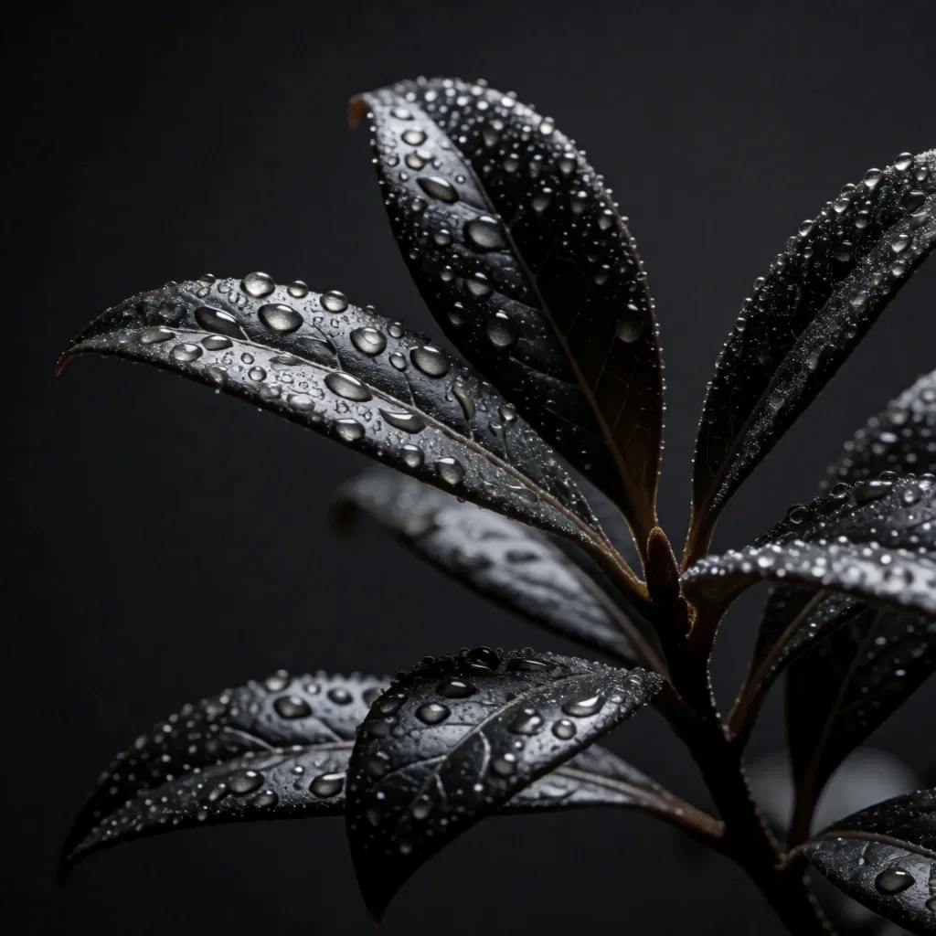 Dark botanical leaves with dew under dramatic light