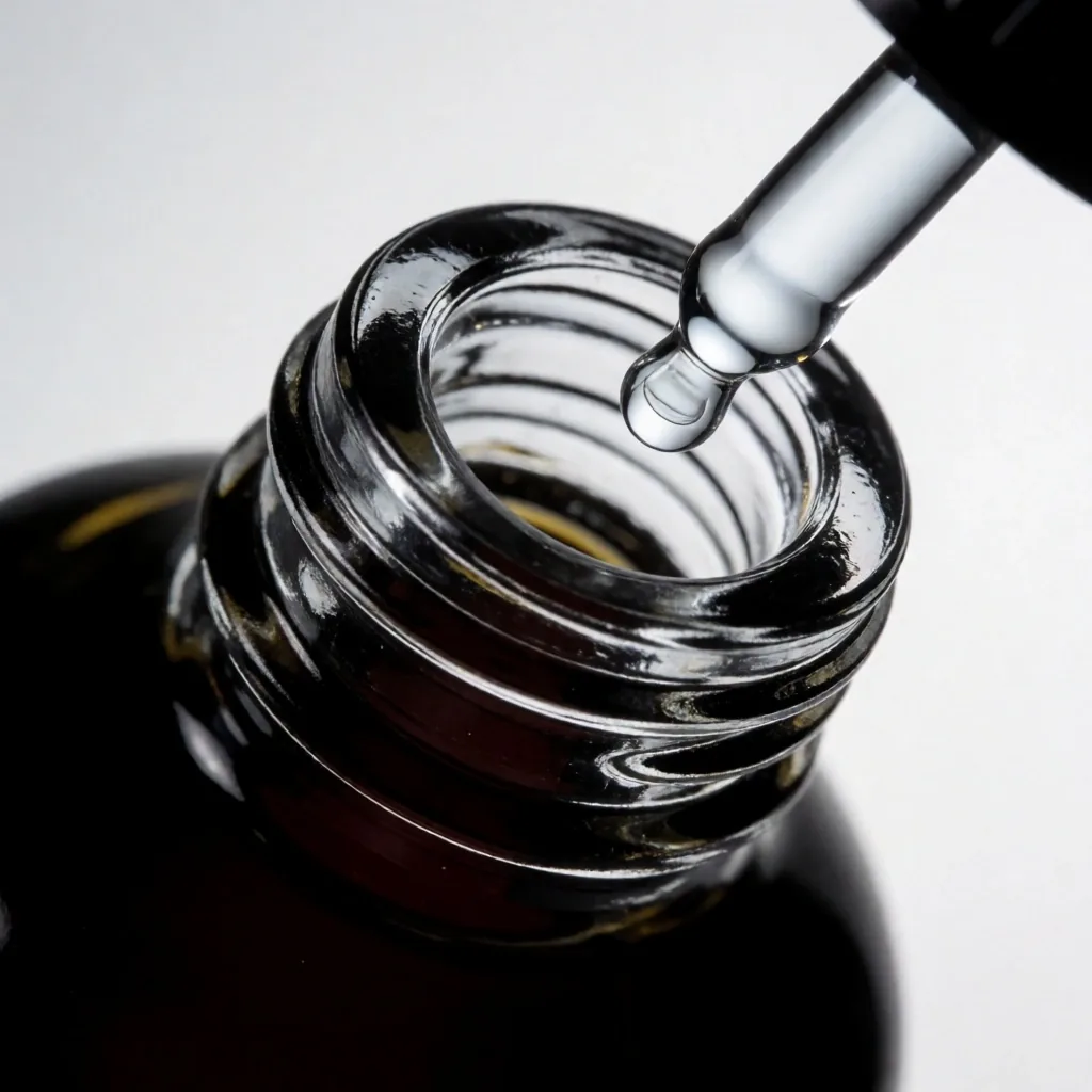 Dark glass vial with supplement under spotlight