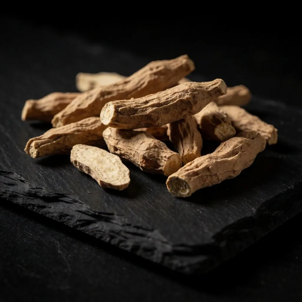 Ashwagandha and maca roots on dark slate