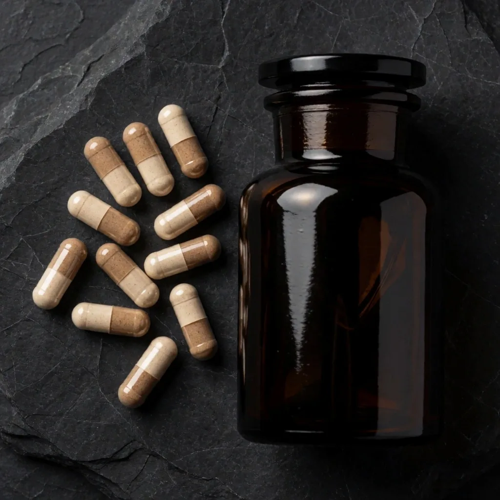 Probiotic capsules in dark glass jar