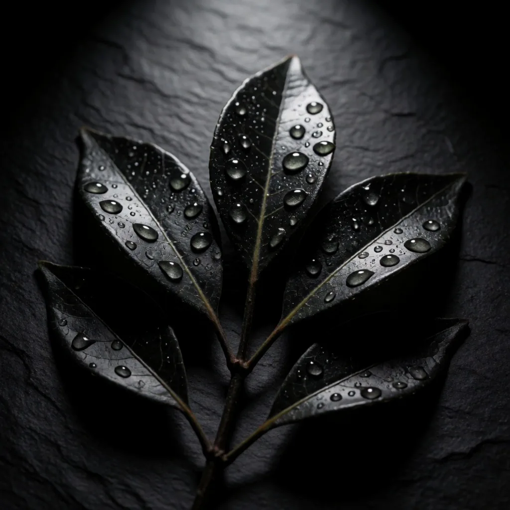 Dark botanical leaves with dew under dramatic lighting