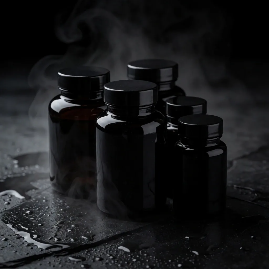 Dark glass supplement vial in directional light