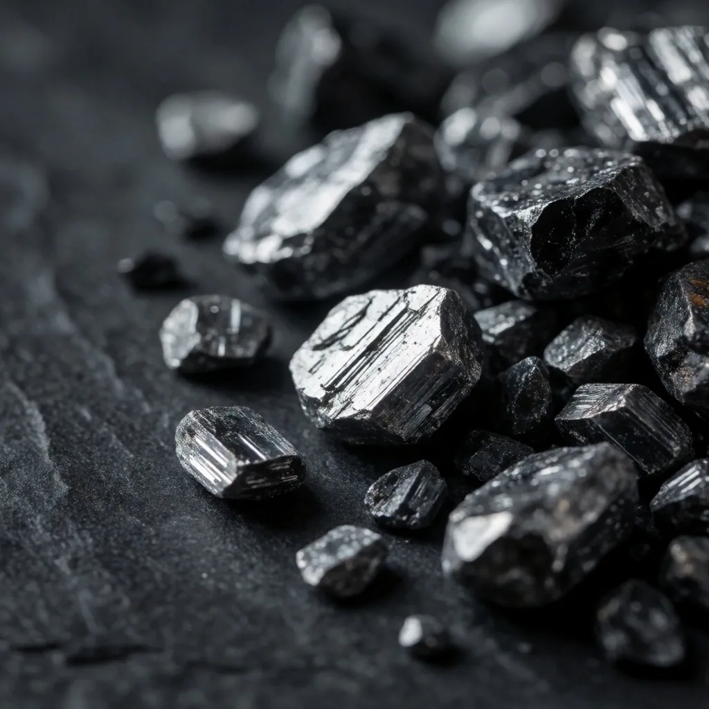 Raw mineral crystals on dark slate